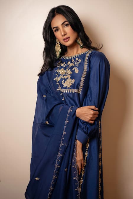 Shop_Paulmi And Harsh_Blue Chanderi , Mirrors, Zari Round Neck Embroidered Kurta And Pant Set 