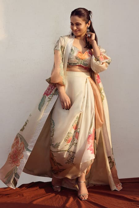 Shop_Paulmi And Harsh_Orange Hemp, Silk Sequins, Embroidery Sweetheart Floral Print Jacket Skirt Set 