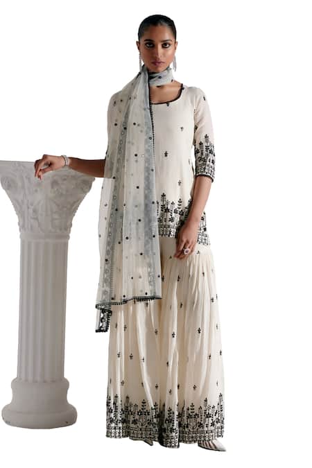 Preevin_Black Cotton, Net, Tulle Embroidery, Mirrors Round Straight Kurta Sharara Set _Online_at_Aza_Fashions