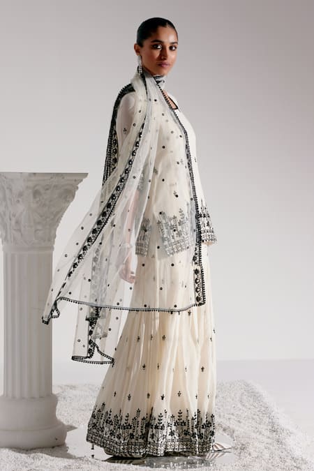 Buy_Preevin_Black Cotton, Net, Tulle Embroidery, Mirrors Round Straight Kurta Sharara Set _Online_at_Aza_Fashions