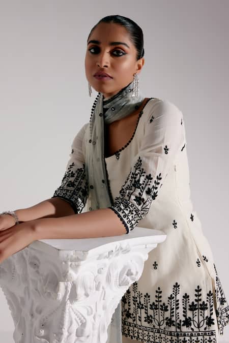 Shop_Preevin_Black Cotton, Net, Tulle Embroidery, Mirrors Round Straight Kurta Sharara Set _Online_at_Aza_Fashions