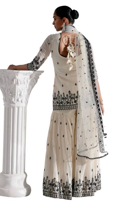 Preevin_Black Cotton, Net, Tulle Embroidery, Mirrors Round Straight Kurta Sharara Set _at_Aza_Fashions