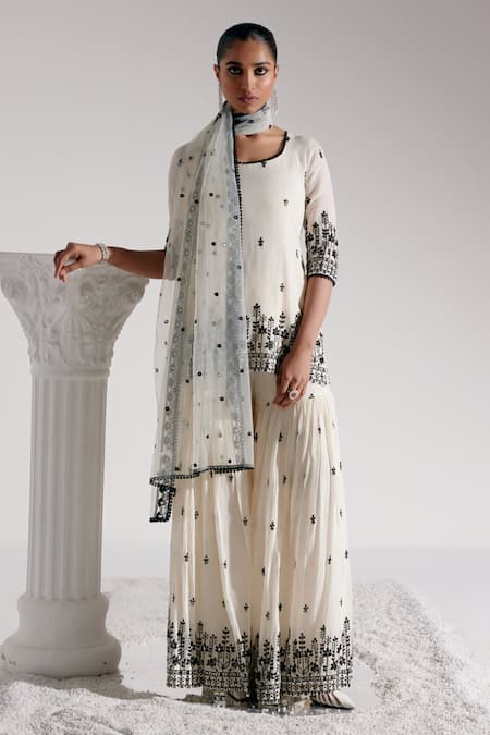 PREEVIN Mirror Embroidered Straight Kurta Sharara Set 