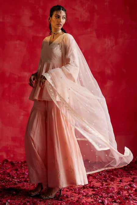 Preevin_Pink Cotton, Tulle, Net Embroidery, Mirrors V-neck Peplum Kurta Sharara Set _Online_at_Aza_Fashions