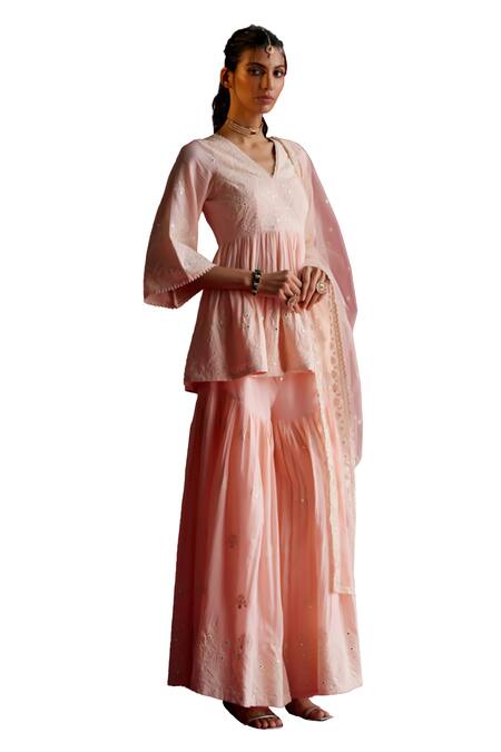 Buy_Preevin_Pink Cotton, Tulle, Net Embroidery, Mirrors V-neck Peplum Kurta Sharara Set _Online_at_Aza_Fashions
