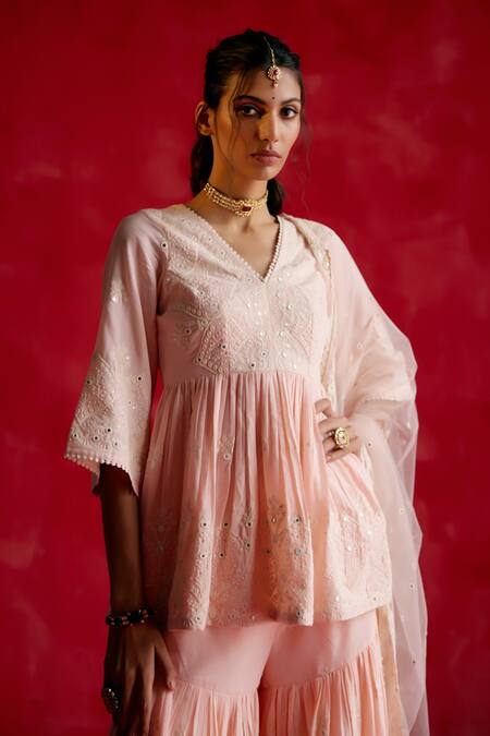 Shop_Preevin_Pink Cotton, Tulle, Net Embroidery, Mirrors V-neck Peplum Kurta Sharara Set _Online_at_Aza_Fashions