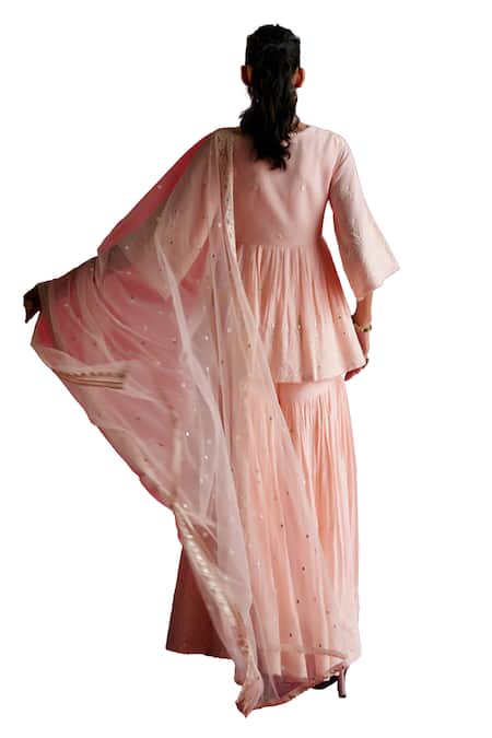 Preevin_Pink Cotton, Tulle, Net Embroidery, Mirrors V-neck Peplum Kurta Sharara Set _at_Aza_Fashions
