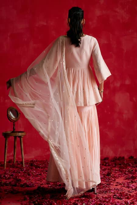Shop_Preevin_Pink Cotton, Tulle, Net Embroidery, Mirrors V-neck Peplum Kurta Sharara Set _at_Aza_Fashions