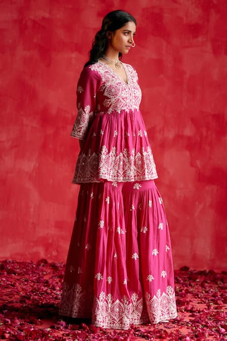 Preevin_Pink Cotton, Tulle, Net Embroidery, Mirrors V-neck Floral Anarkali Sharara Set _Online_at_Aza_Fashions