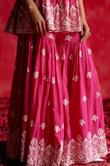 Buy_Preevin_Pink Cotton, Tulle, Net Embroidery, Mirrors V-neck Floral Anarkali Sharara Set _Online_at_Aza_Fashions