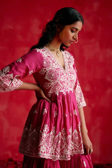 Shop_Preevin_Pink Cotton, Tulle, Net Embroidery, Mirrors V-neck Floral Anarkali Sharara Set _Online_at_Aza_Fashions