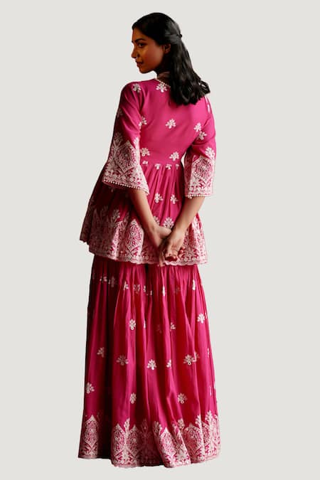 Preevin_Pink Cotton, Tulle, Net Embroidery, Mirrors V-neck Floral Anarkali Sharara Set _at_Aza_Fashions