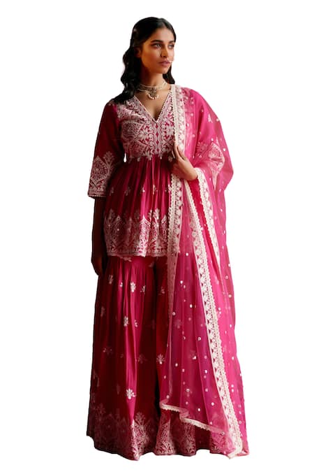 Buy_Preevin_Pink Cotton, Tulle, Net Embroidery, Mirrors V-neck Floral Anarkali Sharara Set 