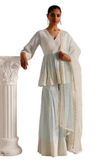 Preevin Blue Cotton, Tulle, Net Embroidery, Mirrors Mandala Short Anarkali Sharara Set Online at Aza Fashions Preevin_Blue Cotton, Tulle, Net Embroidery, Mirrors Mandala Short Anarkali Sharara Set _Online_at_Aza_Fashions