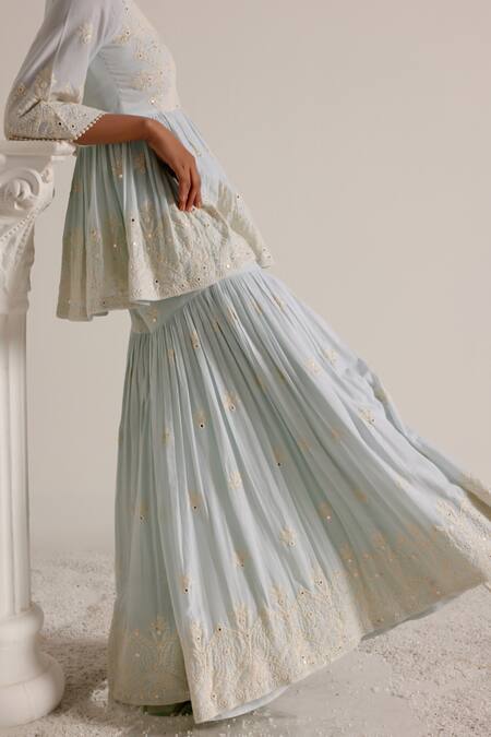 Buy Preevin Blue Cotton, Tulle, Net Embroidery, Mirrors Mandala Short Anarkali Sharara Set Online at Aza Fashions Buy_Preevin_Blue Cotton, Tulle, Net Embroidery, Mirrors Mandala Short Anarkali Sharara Set _Online_at_Aza_Fashions