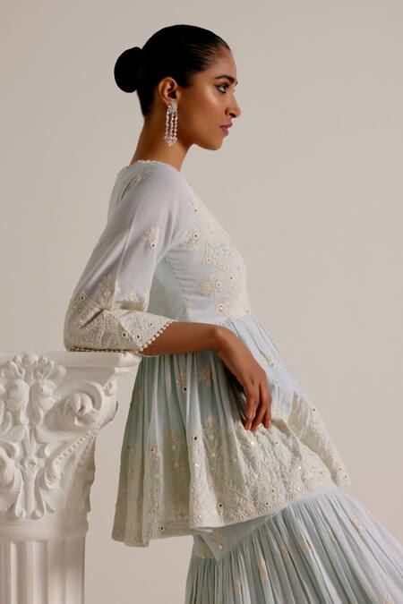 Shop Preevin Blue Cotton, Tulle, Net Embroidery, Mirrors Mandala Short Anarkali Sharara Set Online at Aza Fashions Shop_Preevin_Blue Cotton, Tulle, Net Embroidery, Mirrors Mandala Short Anarkali Sharara Set _Online_at_Aza_Fashions