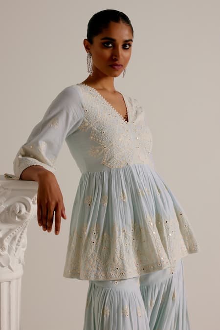 Shop Preevin Blue Cotton, Tulle, Net Embroidery, Mirrors Mandala Short Anarkali Sharara Set at Aza Fashions Shop_Preevin_Blue Cotton, Tulle, Net Embroidery, Mirrors Mandala Short Anarkali Sharara Set _at_Aza_Fashions