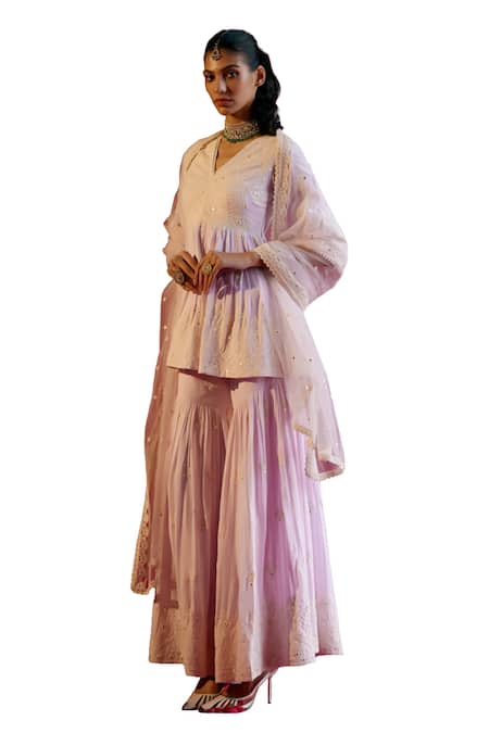 Preevin_Purple Cotton, Tulle, Net, Satin Embroidery, Tonal Peplum Kurta Sharara Set _Online_at_Aza_Fashions