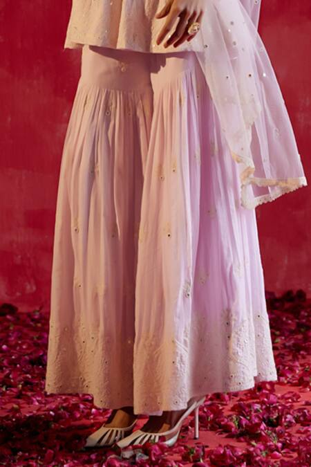 Buy_Preevin_Purple Cotton, Tulle, Net, Satin Embroidery, Tonal Peplum Kurta Sharara Set _Online_at_Aza_Fashions