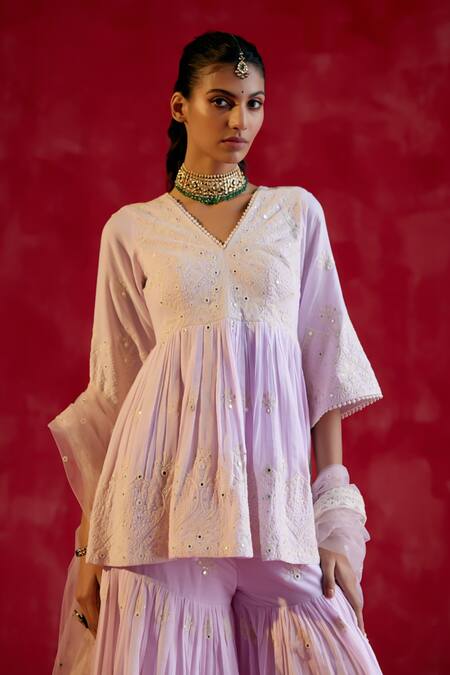 Shop_Preevin_Purple Cotton, Tulle, Net, Satin Embroidery, Tonal Peplum Kurta Sharara Set _Online_at_Aza_Fashions