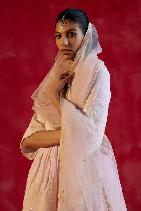 Preevin_Purple Cotton, Tulle, Net, Satin Embroidery, Tonal Peplum Kurta Sharara Set _at_Aza_Fashions