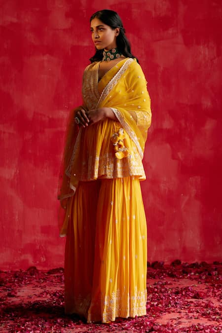 Buy_Preevin_Yellow Cotton, Tulle, Net Embroidery, Mirrors Floret Peplum Kurta Sharara Set _Online_at_Aza_Fashions