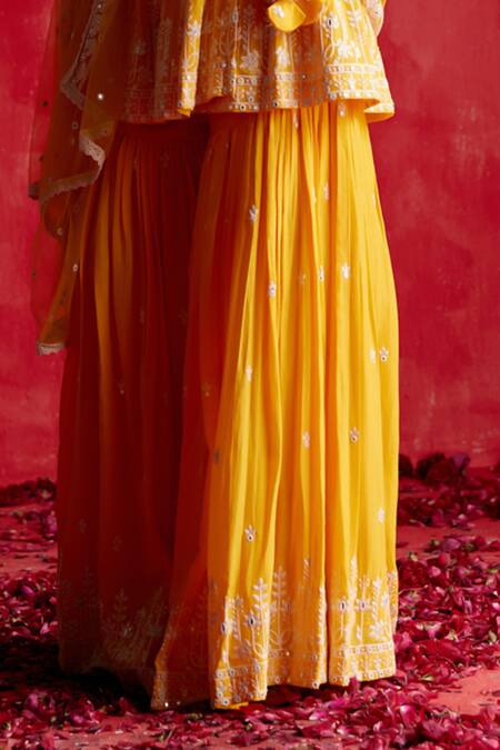Shop_Preevin_Yellow Cotton, Tulle, Net Embroidery, Mirrors Floret Peplum Kurta Sharara Set _Online_at_Aza_Fashions