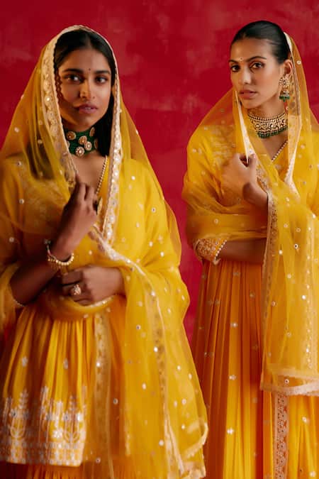 Shop_Preevin_Yellow Cotton, Tulle, Net Embroidery, Mirrors Floret Peplum Kurta Sharara Set 