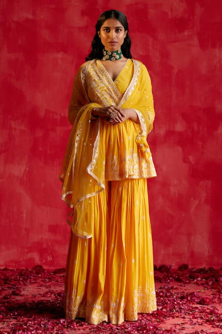 Preevin Floret Embroidered Peplum Kurta Sharara Set 