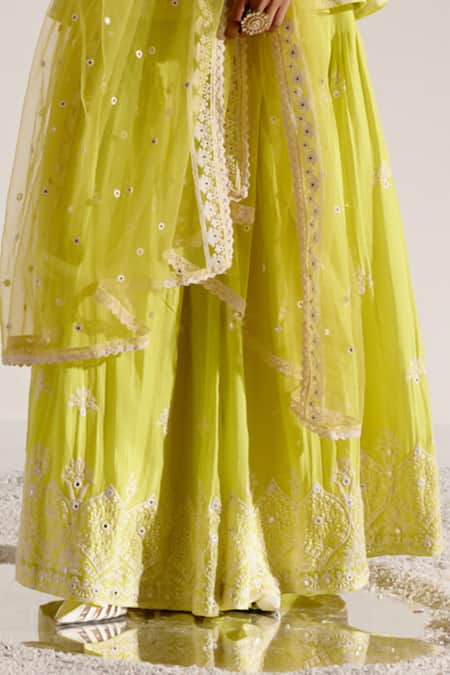 Preevin Green Cotton, Tulle, Net Embroidery, Mirrors Ambi Peplum Kurta Sharara Set Online at Aza Fashions Preevin_Green Cotton, Tulle, Net Embroidery, Mirrors Ambi Peplum Kurta Sharara Set _Online_at_Aza_Fashions