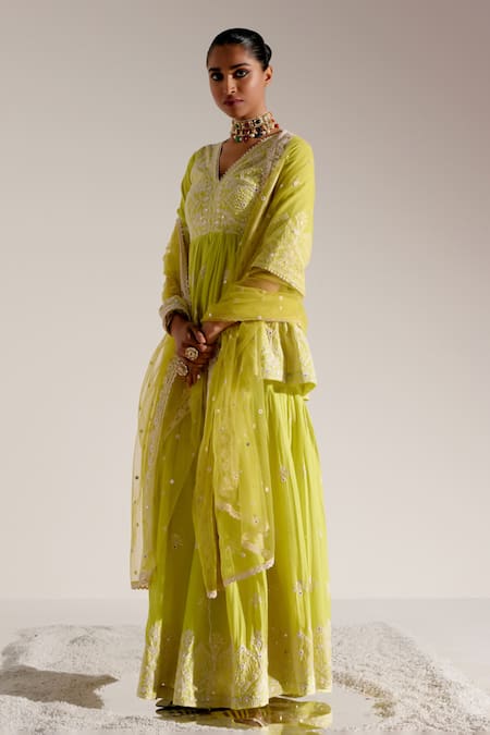 Shop Preevin Green Cotton, Tulle, Net Embroidery, Mirrors Ambi Peplum Kurta Sharara Set Online at Aza Fashions Shop_Preevin_Green Cotton, Tulle, Net Embroidery, Mirrors Ambi Peplum Kurta Sharara Set _Online_at_Aza_Fashions