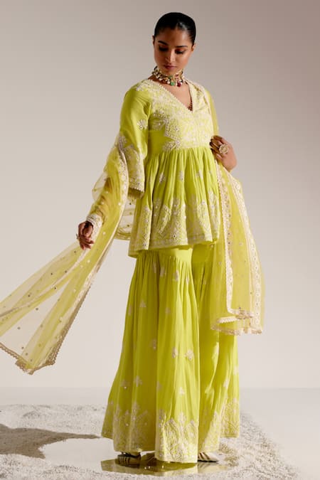 Shop Preevin Green Cotton, Tulle, Net Embroidery, Mirrors Ambi Peplum Kurta Sharara Set at Aza Fashions Shop_Preevin_Green Cotton, Tulle, Net Embroidery, Mirrors Ambi Peplum Kurta Sharara Set _at_Aza_Fashions