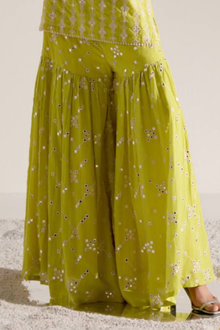 Preevin_Green Cotton, Tulle, Net Mirrors, Embroidery Scoop Neck Work Kurta Sharara Set _Online_at_Aza_Fashions