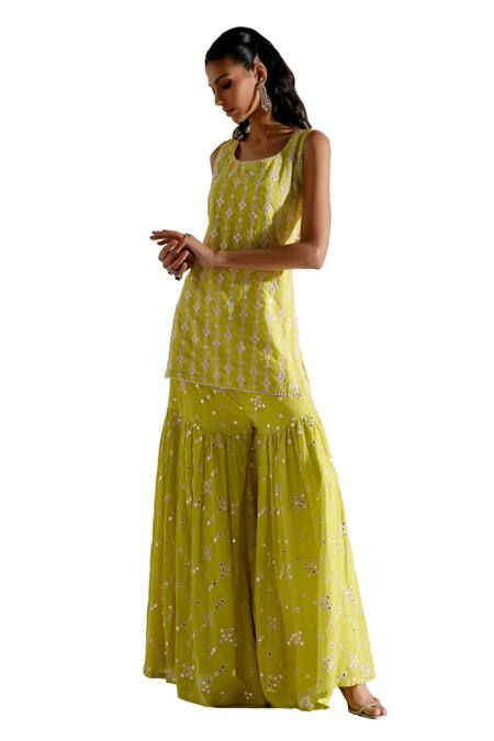Buy_Preevin_Green Cotton, Tulle, Net Mirrors, Embroidery Scoop Neck Work Kurta Sharara Set _Online_at_Aza_Fashions