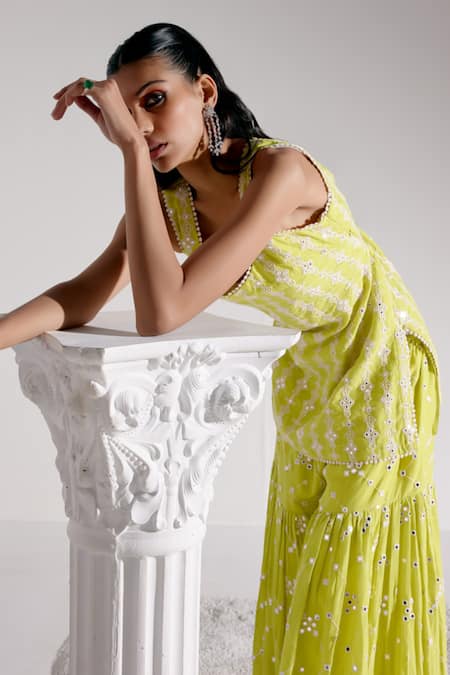 Shop_Preevin_Green Cotton, Tulle, Net Mirrors, Embroidery Scoop Neck Work Kurta Sharara Set _Online_at_Aza_Fashions