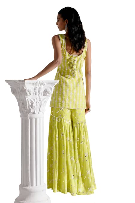 Preevin_Green Cotton, Tulle, Net Mirrors, Embroidery Scoop Neck Work Kurta Sharara Set _at_Aza_Fashions