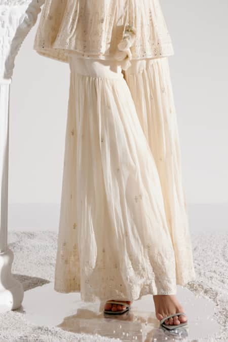 Preevin_Off White Cotton Embroidery, Mirrors V-neck Angrakha Kurta With Sharara _Online_at_Aza_Fashions