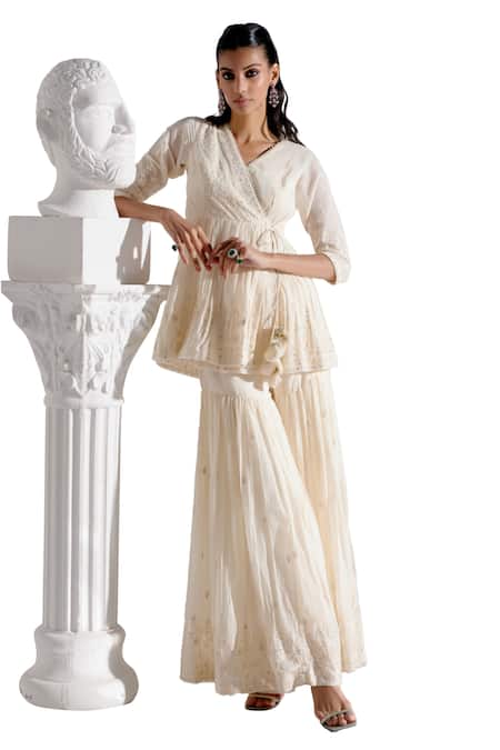 Buy_Preevin_Off White Cotton Embroidery, Mirrors V-neck Angrakha Kurta With Sharara _Online_at_Aza_Fashions