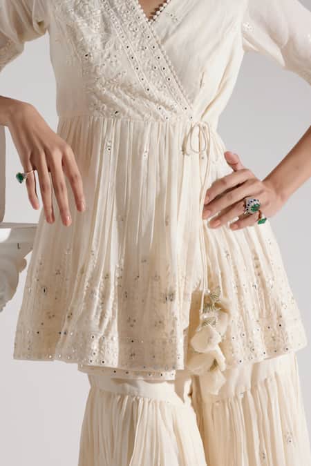 Shop_Preevin_Off White Cotton Embroidery, Mirrors V-neck Angrakha Kurta With Sharara _Online_at_Aza_Fashions