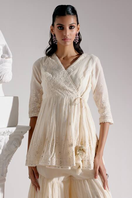 Preevin_Off White Cotton Embroidery, Mirrors V-neck Angrakha Kurta With Sharara _at_Aza_Fashions