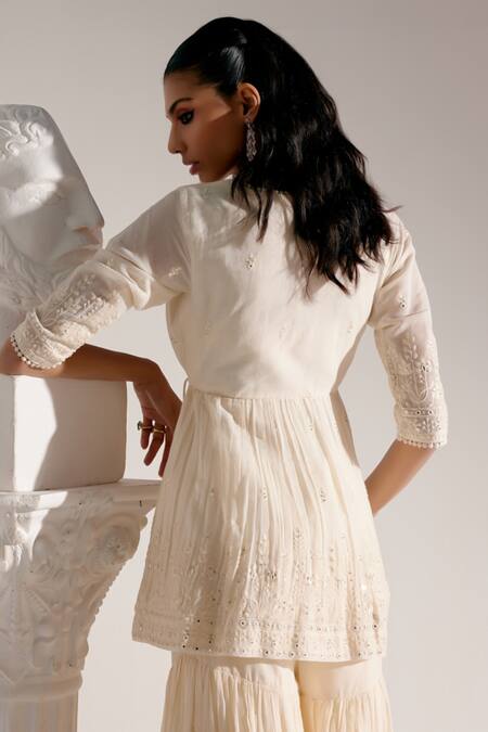 Buy_Preevin_Off White Cotton Embroidery, Mirrors V-neck Angrakha Kurta With Sharara 