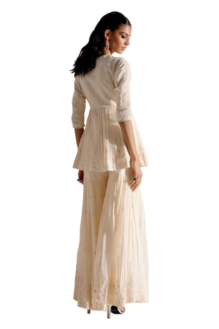 Shop_Preevin_Off White Cotton Embroidery, Mirrors V-neck Angrakha Kurta With Sharara 