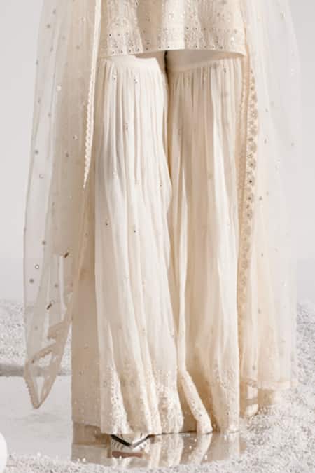 Preevin_Off White Cotton, Tulle, Net Embroidery, Tonal Straight Kurta Sharara Set _Online_at_Aza_Fashions
