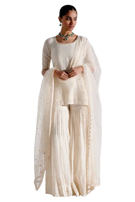 Buy_Preevin_Off White Cotton, Tulle, Net Embroidery, Tonal Straight Kurta Sharara Set _Online_at_Aza_Fashions