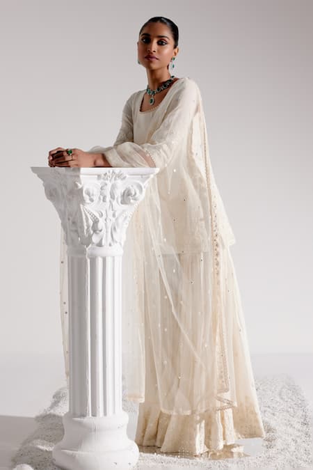 Shop_Preevin_Off White Cotton, Tulle, Net Embroidery, Tonal Straight Kurta Sharara Set _Online_at_Aza_Fashions