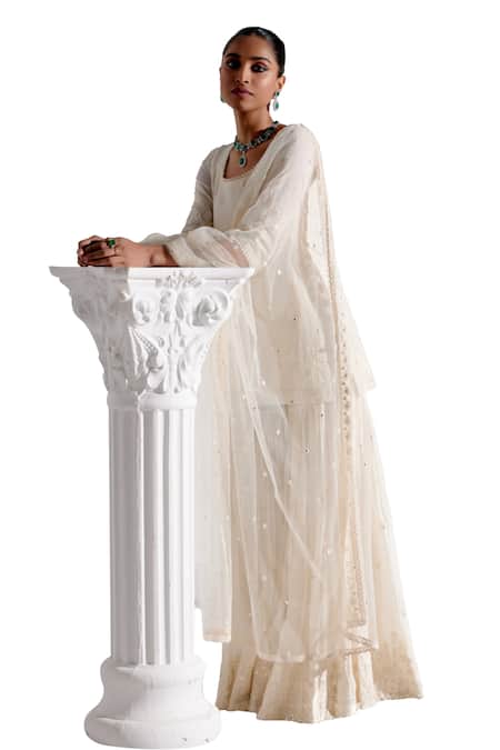 Preevin_Off White Cotton, Tulle, Net Embroidery, Tonal Straight Kurta Sharara Set _at_Aza_Fashions