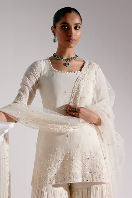 Buy_Preevin_Off White Cotton, Tulle, Net Embroidery, Tonal Straight Kurta Sharara Set 
