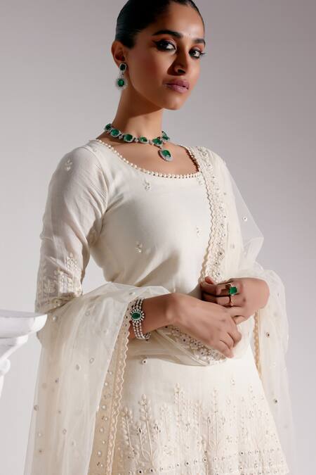 Shop_Preevin_Off White Cotton, Tulle, Net Embroidery, Tonal Straight Kurta Sharara Set 