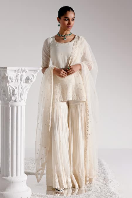 PREEVIN Tonal Embroidered Straight Kurta Sharara Set 