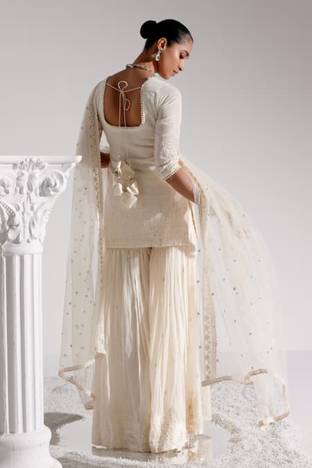 Shop_Preevin_Off White Cotton, Tulle, Net Embroidery, Tonal Straight Kurta Sharara Set _at_Aza_Fashions